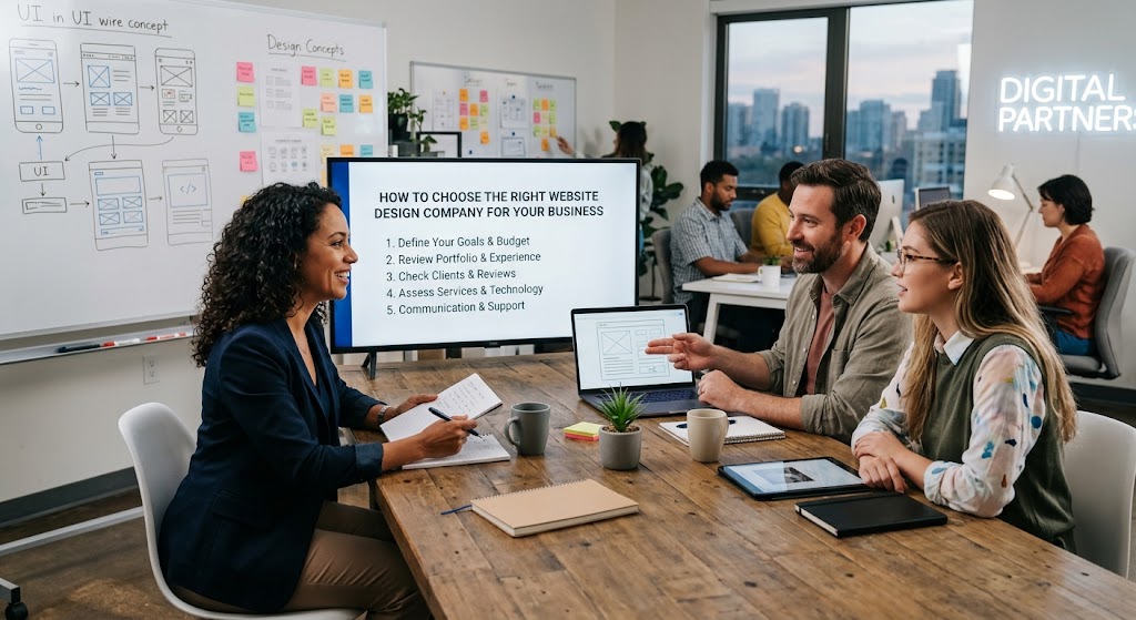 Business team reviewing website wireframes and responsive layouts on desktop screens in a modern design office